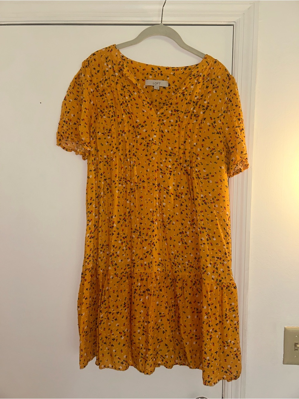 LOFT Mustard Floral V-Neck Tiered Short-Sleeve Dress